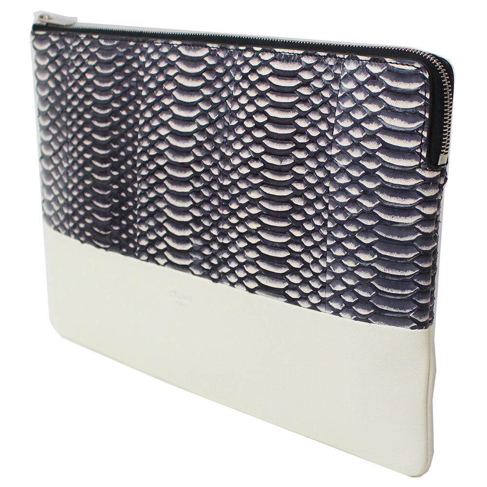 Celine Solo Clutch Pouch Bag two tone lambskin leather snakeskin python white - Picture 4 of 10